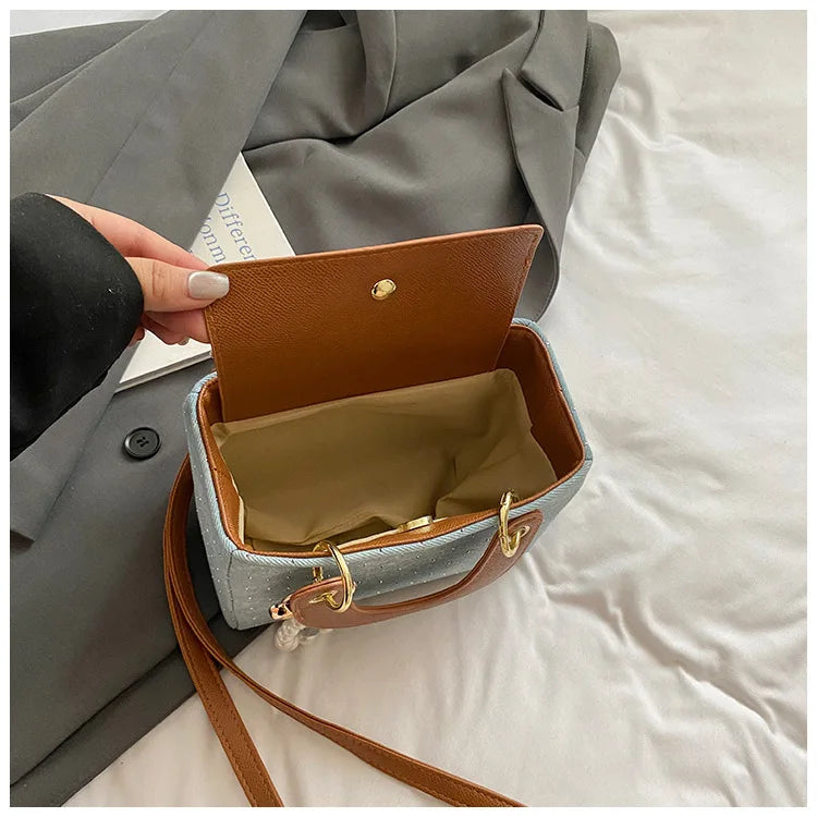 Sac bandoulière en denim géométrique – Élégant sac à main à perles