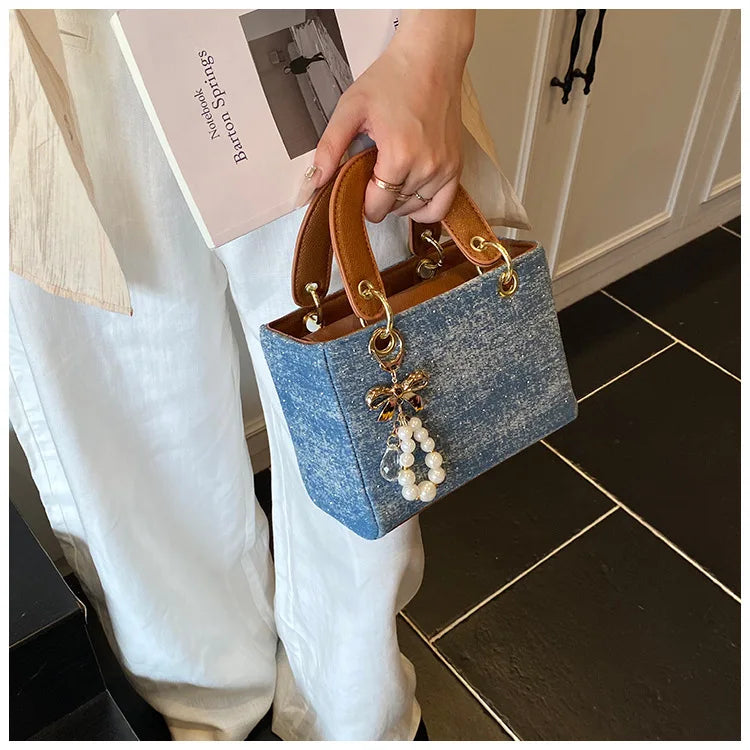 Sac bandoulière en denim géométrique – Élégant sac à main à perles