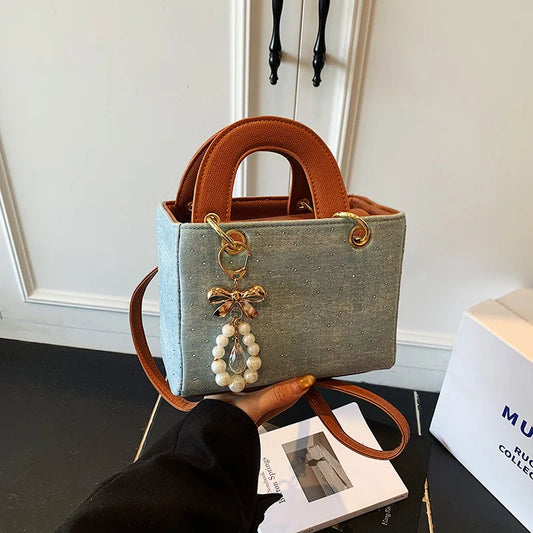 Sac bandoulière en denim géométrique – Élégant sac à main à perles