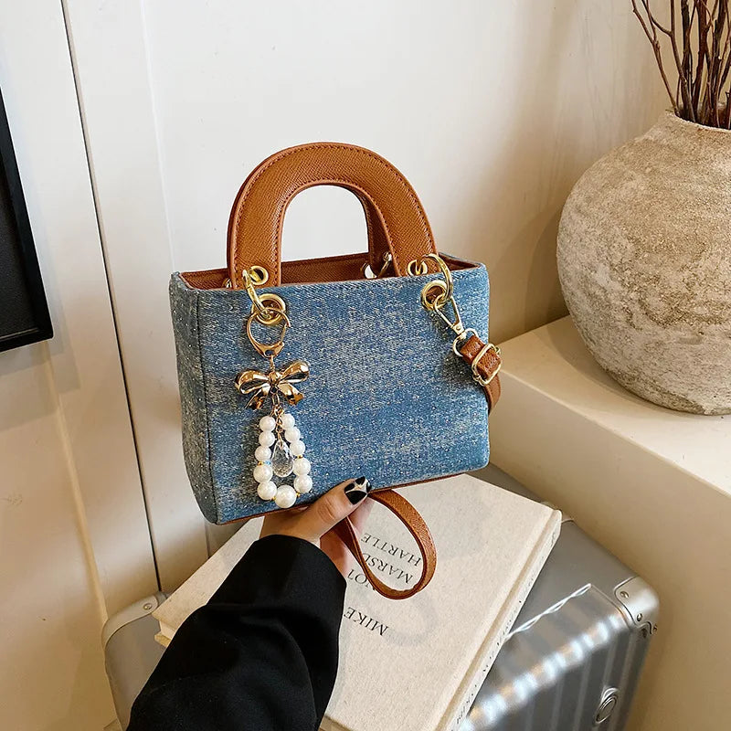 Sac bandoulière en denim géométrique – Élégant sac à main à perles