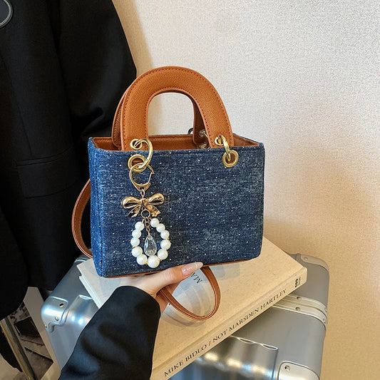 Sac bandoulière en denim géométrique – Élégant sac à main à perles