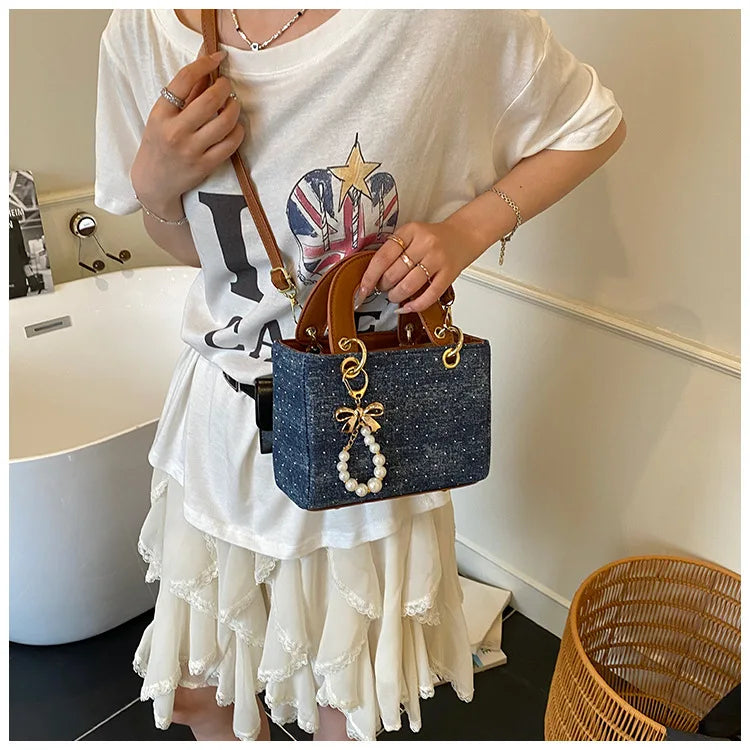 Sac bandoulière en denim géométrique – Élégant sac à main à perles