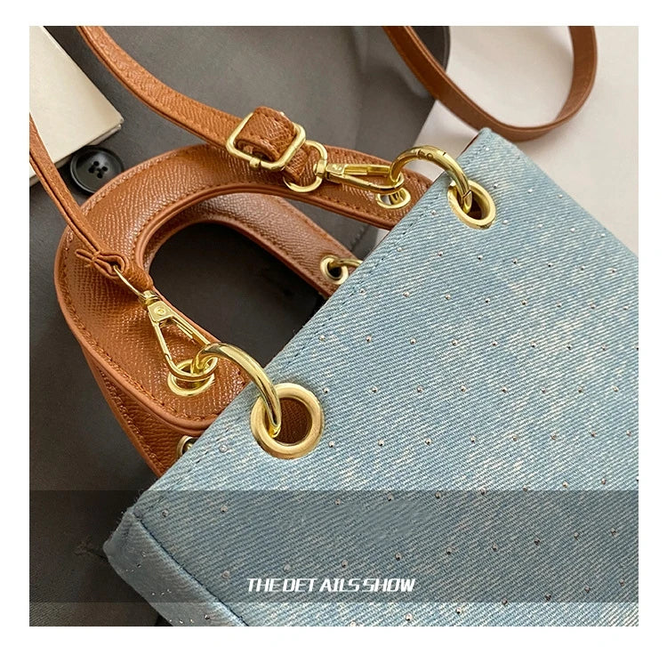 Sac bandoulière en denim géométrique – Élégant sac à main à perles